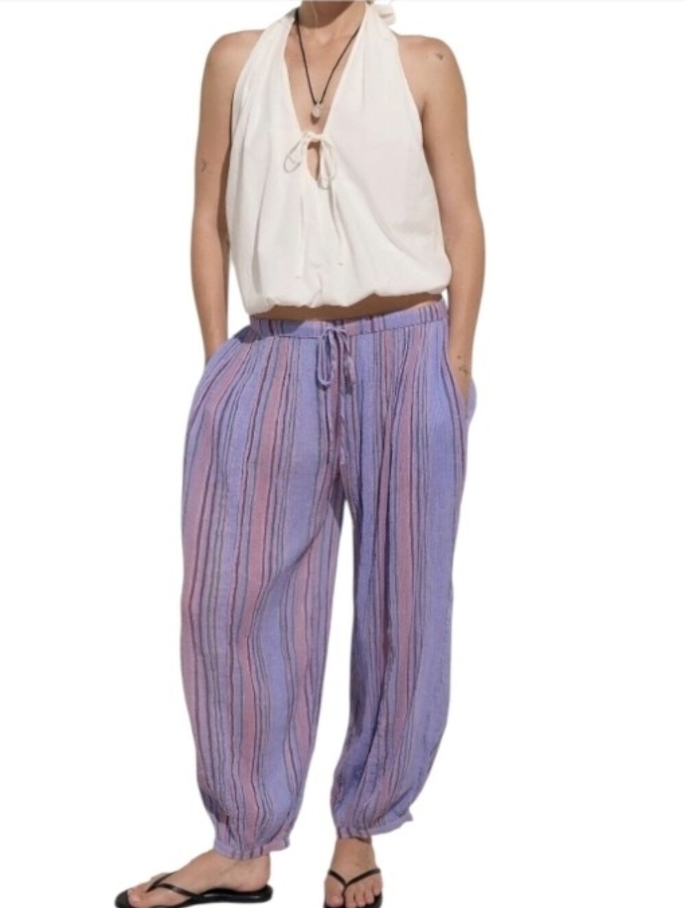 Free People Lavender and Pink Striped Drawstring Joggers